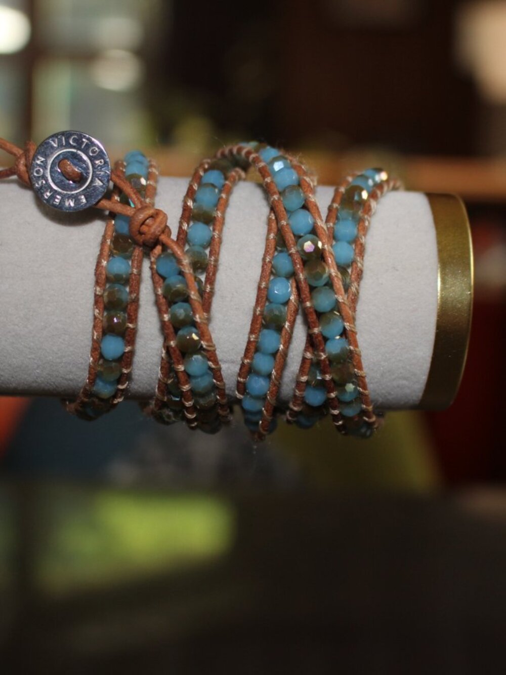 Victoria Emerson Wrap Leather Cord & Crystal Ball Bracelets Light Blue, AB Blue
